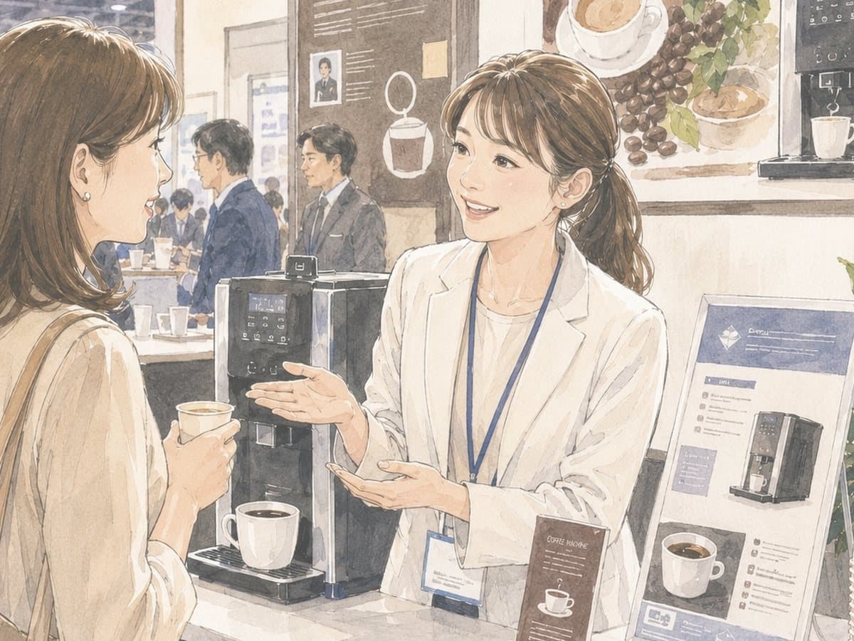 展示会や販売現場の条件を確認し営業代行の費用相談を行うイメージ