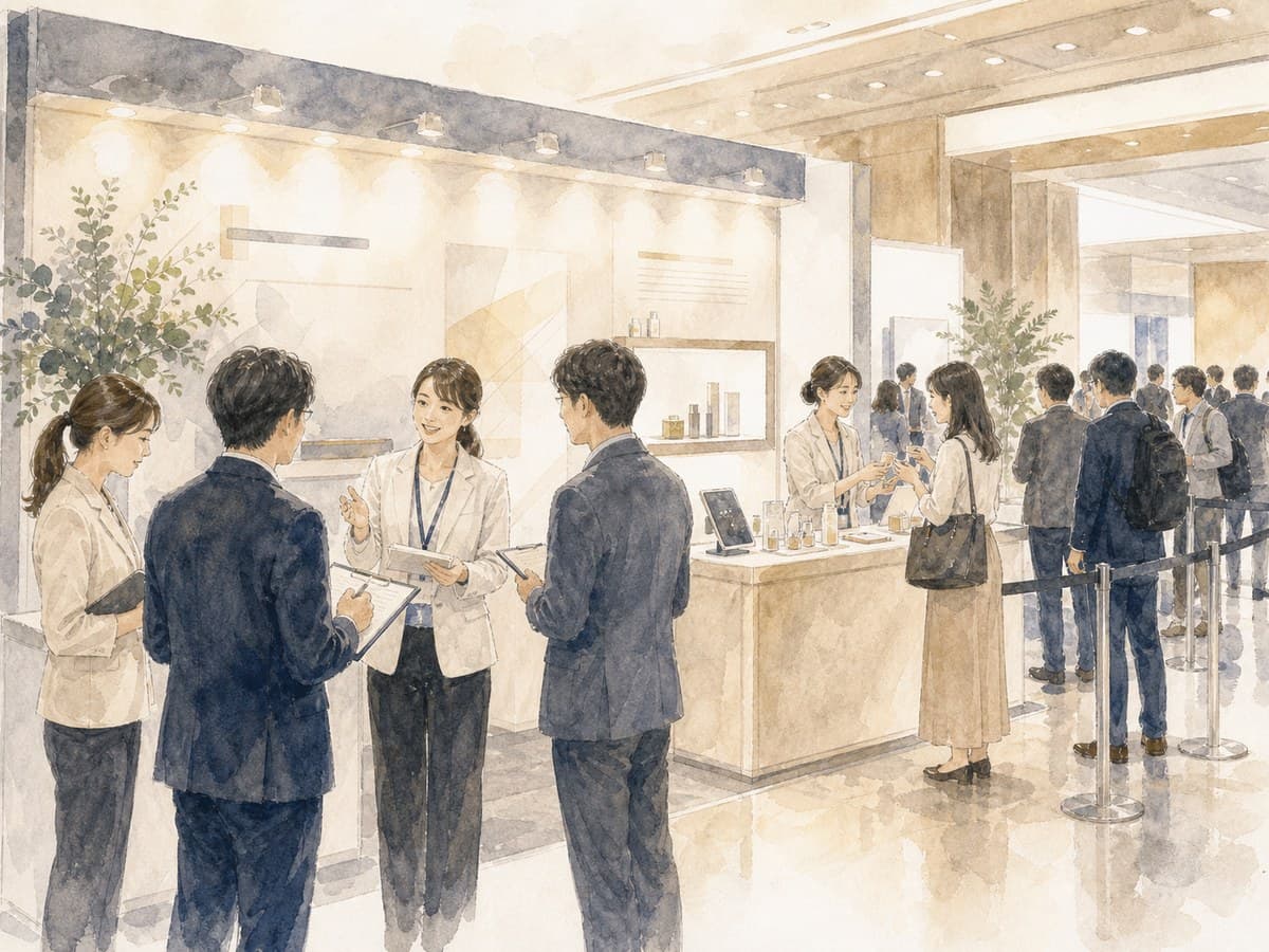 展示会や商業施設などの現場で商品を案内するオフラインプロモーション支援・オフライン販促のイメージ